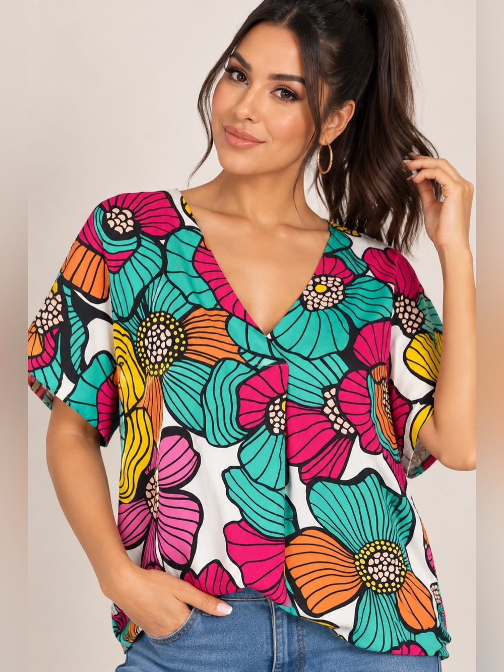 JODIFL Floral V-Neck Short Sleeve Top in Teal, Pink, Orange, Yellow